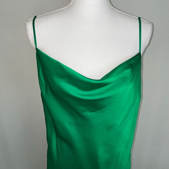 Express NWT emerald green satin slip long holiday cocktail asymmetrical dress L - Picture 3 of 12